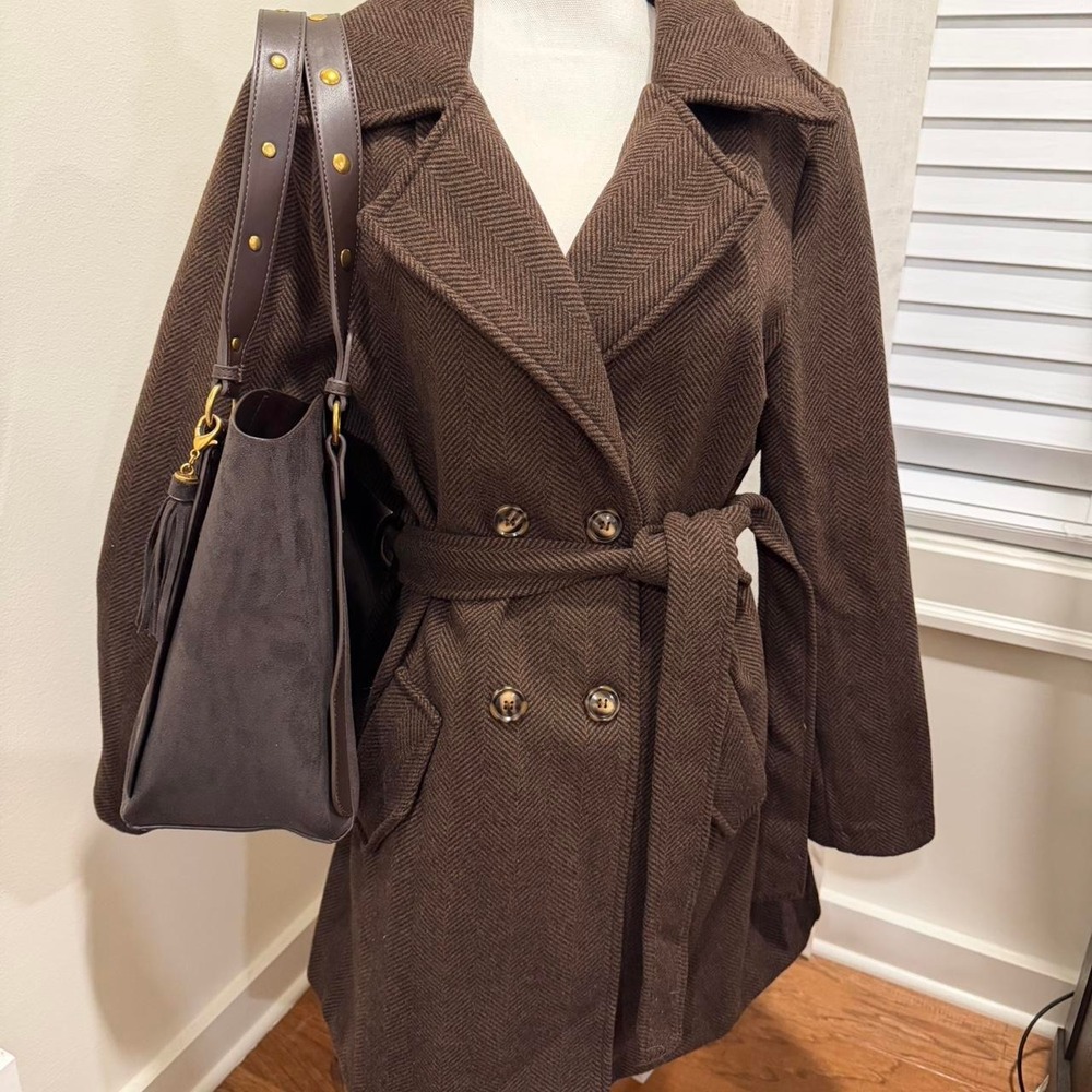 Zenobia Women Brown Herringbone Double Breasted Belted Pea Coat Jacket 2XL